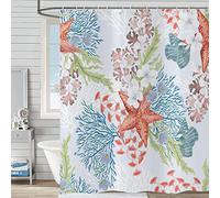 Hnmdmyi Rideau de Douche côtes Nautiques 90x180, Plage étoile de mer Corail Rideau de Douche océan Vie Marine Rideau de Baignoire imperméable Tissu Polyester Lavable Rideau de Bain avec Crochets