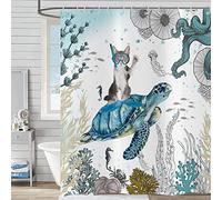 Hnmdmyi Rideau de Douche Drôle 120x180, Chat Mignon chevauchant Une Tortue de mer Rideau de Bain Océan Paysage sous-Marin Récif corallien Animaux Marins Enfants Tissu étanche Lavable Rideau de Bain