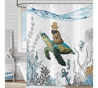Hnmdmyi Rideau de Douche Drôle 180x200, Mignon Chat Cow-Boy chevauchant Tortue de mer Rideau de Bain océan Paysage sous-Marin récif corallien Animal Marin Enfants Tissu imperméable Rideau de Bain