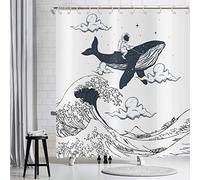 Hnmdmyi Rideau de Douche Drôle 180x220, astronautes chevauchant des Baleines dans l'océan Vague Rideau de Bain Oriental Vintage Kanagawa Vagues japonaises Art Enfants imperméable Tissu Rideau de Bain