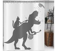 Hnmdmyi Rideau de Douche Drôle 180x240 - Chat Aide Dinosaure pour Salle de Bain, Enfants, Garçon - Silhouette Ombre Noir Blanc - Baignoire Étanche en Polyester Lavable