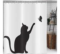 Hnmdmyi Rideau de Douche Drôle Chat 120x180, Chaton Noir Attraper Papillon Silhouette, Enfants Mignon Animal Cartoon Noir et Blanc Art Minimaliste Imperméable Tissu de Bain