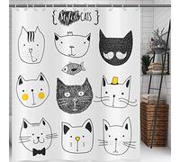 Hnmdmyi Rideau de Douche Drôle Chat 180x200, Noir et Blanc Abstrait Moustache Mouche Chapeau Couronne Moelleux Chat et Poisson Visages Humour Graphique Imperméable pour Baignoire
