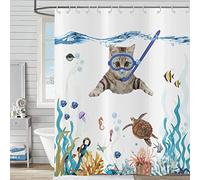 Hnmdmyi Rideau de Douche Drôle Chat 180x220, Mignon Chaton nageant en Teal Bleu océan Rideau de Baignoire Tortue de mer Poissons tropicaux méduse étoile de mer Corail Nautique Rideau de Bain Enfants