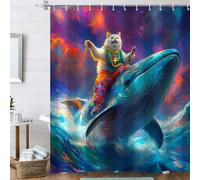 Hnmdmyi Rideau de Douche drôle Chat 90x180, Cool Rappeur Chat équitation Baleine vive Fantaisie océan Conception Enfants imperméable Polyester Tissu Lavable Rideau de Bain avec Crochets
