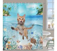 Hnmdmyi Rideau de Douche Drôle de Chat 90x180, Mignon Chaton Nageant dans l'Océan Bleu avec Tortue de Mer, Étoile de Mer Tropicale et Corail - Bain Imperméable en Polyester pour Enfants