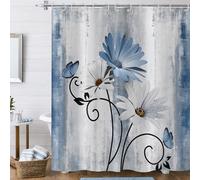 Hnmdmyi Rideau de Douche Ferme Fleurs 120x200, Rustique Bleu Pâquerette Fleurs et Papillon sur Planche Bois Campagne Imperméable Polyester Tissu Lavable Rideau de Bain avec Crochets