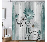 Hnmdmyi Rideau de Douche Ferme Fleurs 180x180, Rustique Turquoise Pâquerette Fleurs et Papillon sur Planche Bois Campagne Imperméable Polyester Tissu Lavable Rideau de Bain avec Crochets