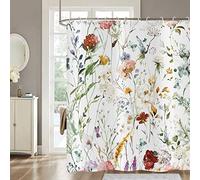 Hnmdmyi Rideau de Douche Fleurs 180x200, Aquarelle Fleurs colorées Plantes Papillon Fleurs Sauvages Rideau de Baignoire imperméable Tissu Polyester Lavable Rideau de Bain avec Crochets