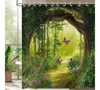Hnmdmyi Rideau de Douche Forêt enchantée 90x180, Vert Arbre Fleurs Papillon Nature Fée Jardin Pays des Merveilles Forêt Imperméable Polyester Tissu Lavable Rideau de Bain avec Crochets