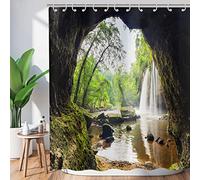 Hnmdmyi Rideau de Douche Forêt Tropicale 240x180, Jungle Verte avec Arbres, Plantes, Montagnes, Grottes, Cascades - Paysage Nature pour Baignoire en Tissu Polyester Imperméable