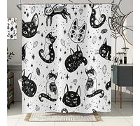 Hnmdmyi Rideau de Douche Halloween 180x180, Chat Noir et Blanc Tête de Fantôme Style Mexicain Drôle Spooky Cartoon Vacances Rideau de Bain Etanche Polyester Tissu Lavable Rideau de Bain