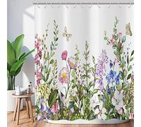 Hnmdmyi Rideau de douche, motif floral, 180 x 200 cm, fleurs colorées, feuilles vertes, aquarelle, fleurs sauvages, plantes botaniques, baignoire, imperméable, tissu polyester, lavable, avec crochets