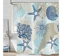 Hnmdmyi Rideau de douche nautique Costa 180 x 200 cm, sur le thème de la plage, rideaux de bain étoiles de mer, coquillage corail, vie marine, rideau de baignoire tissu en polyester imperméable rideau