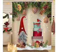 Hnmdmyi Rideau de Douche Noël 120x180, Gnomes Mignons avec Boîtes Cadeaux Colorées et Branches de Sapin Vert, Thème Xmas et Vacances d'Hiver, Imperméable en Polyester Lavable