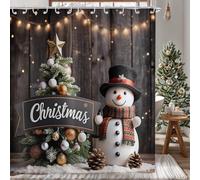 Hnmdmyi Rideau de Douche Noël 120x180, Hiver Bonhomme de Neige Arbre de Noël Rustique Planche en Bois Rideau de Douche Joyeux Noël Vacances Etanche Tissu Polyester Lavable Rideau de Bain