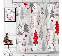 Hnmdmyi Rideau de Douche Noël 180x180, Rouge Gris Beige Arbres de Noël Étoiles Hiver Flocon de Neige Joyeuse Nouvelle Année Vacances Baignoire Imperméable Tissu Polyester