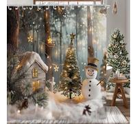 Hnmdmyi Rideau de Douche Noël 200x180, Hiver Bonhomme de Neige Arbre de Noël Forêt brumeuse Scène de Nuit Rideau de Douche Joyeux Noël Vacances Rideau de Baignoire Imperméable Tissu Rideau de Bain
