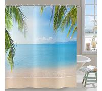 Hnmdmyi Rideau de Douche Océan Plage 180x200, Paysage côtier Vague de mer Feuilles de Palmier Tropicales Ciel Bleu Nature Scène Rideau de Baignoire Imperméable Tissu Polyester Lavable Rideau de Bain