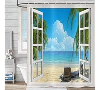 Hnmdmyi Rideau de Douche Plage Tropicale 150x180, Océan Île d'Hawaï Palmier À Travers des fenêtres en Bois Blanc Seaside Nature Scénario Rideau de Baignoire Étanche Tissu Lavable Rideau de Bain