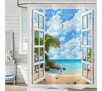 Hnmdmyi Rideau de Douche Plage Tropicale 180x180, Océan Île d'Hawaï Palmier À Travers des fenêtres en Bois Blanc Seaside Nature Scénario Rideau de Baignoire Étanche Tissu Lavable Rideau de Bain