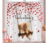 Hnmdmyi Rideau de Douche Saint Valentin 180x180, Romantique Rouge et Rose Amour Coeur Arbre drôle Chat Amant Couple Baignoire Rideau Rideau de Bain imperméable en Tissu Polyester Lavable avec Crochet