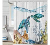 Hnmdmyi Rideau de Douche Tortue de mer 180x200, Corail sous-Marin Plantes Aquatiques océan Nautique Rideau de Douche Planche Bois Rustique Rideau de Baignoire imperméable Tissu Lavable Rideau de Bain
