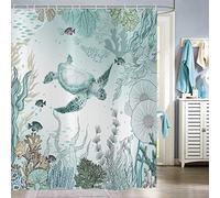 Hnmdmyi Rideau de Douche Tortue de mer 90x180, Nautique Côte Poissons Tropicaux Corail Turquoise Océan Thématique sous-Marin Vie Marine Rideau de Baignoire Étanche Tissu Lavable Rideau de Bain