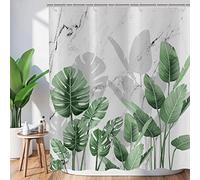 Hnmdmyi Rideau de Douche Vert Feuilles 180x200, Palmier Tropical Feuilles de Bananier sur Marbre Gris et Blanc, Baignoire Jungle Plante Botanique Imperméable Tissu Lavable