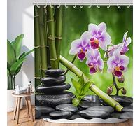 Hnmdmyi Rideau de Douche Zen Japonais 180x180, Bambou Noir avec Pierre et Fleur Violette, Style Spa Vert Méditation, Imperméable en Polyester Lavable