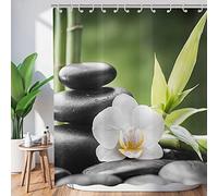 Hnmdmyi Rideau de Douche Zen Jardin 120x180, Spa Bambou Vert Pierre Noire Fleur Blanche, Baignoire Méditation Japonaise Détente, Tissu Étanche Lavable avec Crochets