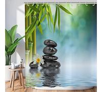 Hnmdmyi Rideau de Douche Zen Jardin 120x180, Spa Bambou Vert Pierre Noire Fleur Blanche Rideau de Baignoire Méditation Japonaise Détente Tissu étanche Lavable Rideau de Bain avec Crochets