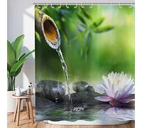 Hnmdmyi Rideau de Douche Zen Jardin 165x180, Spa Bambou Vert Pierre Noire Fleur Blanche Rideau de Baignoire Méditation Japonaise Détente Tissu étanche Lavable Rideau de Bain avec Crochets