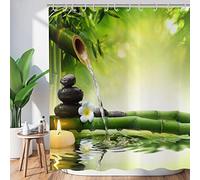 Hnmdmyi Rideau de Douche Zen Jardin 180x240, Spa Bambou Vert Pierre Noire Fleur Blanche Rideau de Baignoire Méditation Japonaise Détente Tissu étanche Lavable Rideau de Bain avec Crochets