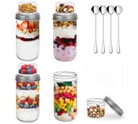 HNNJCK Overnight Oats Bocaux Lot de 4 Double Compartiment 600ml+100ml, Verre Hermétique Étanche Réutilisable avec Couvercle et Cuillère Inox, pour Meal Prep Yaourt Céréales Pudding