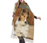 Hnnkloy Adorable chien Sheltie,Écharpe en imitation cachemire pour femme, grande taille, châle léger à pompons, 196 x 68 cm