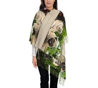 Hnnkloy Amitié de carlins Bokeh Chiens Animaux de compagnie Amis Carlin,Écharpe en imitation cachemire pour femme, grande taille, légère, avec pompons, 197 x 72 cm