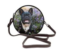Hnnkloy Bouledogue français debout dans un motif floral,Sac bandoulière rond en cuir PU - Sac à main rond pour femme