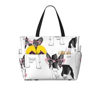 Hnnkloy Bouledogue français noir de dessin animé, lunettes roses, chien blanc,Sac de plage grande capacité, sac bandoulière de voyage pour femme - Sac fourre-tout imperméable