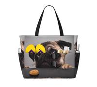 Hnnkloy Carlin drôle et gourmand,Sac de plage grande capacité, sac bandoulière de voyage pour femme - Sac fourre-tout imperméable