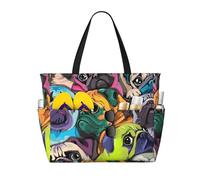 Hnnkloy Chien carlin de dessin animé drôle,Sac de plage grande capacité, sac bandoulière de voyage pour femme - Sac fourre-tout imperméable
