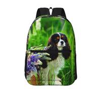 Hnnkloy Chien Cavalier King Charles Spaniel Fleurs de Lupin,Sac à dos de 17 pouces avec poches, sac à dos décontracté pour la journée, résistant à l'eau, sac d'école