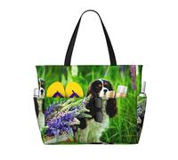Hnnkloy Chien Cavalier King Charles Spaniel Fleurs de Lupin,Sac de plage grande capacité, sac bandoulière de voyage pour femme - Sac fourre-tout imperméable