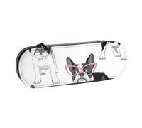 Hnnkloy Étui à Crayons en Cuir pour Rangement de Papeterie, Dessin animé Frenchie Noir, Bouledogue français, Lunettes Roses, Chien Blanc
