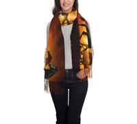 Hnnkloy Impression de chevaux noirs et de nuages rouges brillants,Écharpe en imitation cachemire pour femme, châle léger à pompons, 197 x 72 cm