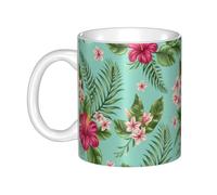 Hnnkloy Imprimé de fleurs de frangipanier et d'hibiscus, motif de feuille de palmier exotique de la jungle,Mug en céramique, grande tasse à café de 330 ml, idéale pour la cuisine, les restaurants