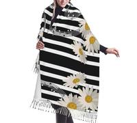 Hnnkloy Motif à rayures de marguerites et de notes de musique,Écharpe en imitation cachemire pour femme, grande taille, châle léger à pompons, 196 x 68 cm