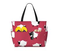Hnnkloy Mouton mignon dessin animé mouton blanc imprimé rouge,Sac de plage grande capacité, sac bandoulière de voyage pour femme - Sac fourre-tout imperméable