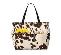 Hnnkloy Peau de vache à taches noires et brunes,Sac de plage grande capacité, sac bandoulière de voyage pour femme - Sac fourre-tout imperméable