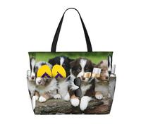 Hnnkloy Quatuor de petits chiots Berger Australien,Sac de plage grande capacité, sac bandoulière de voyage pour femme - Sac fourre-tout imperméable